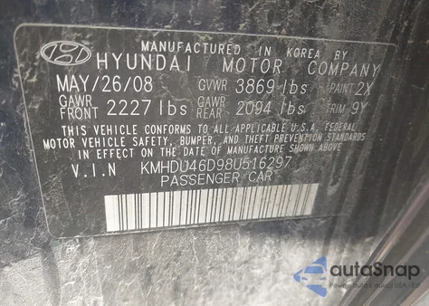 2008 Hyundai Elantra Gls/Se from USA, damaged, VIN KMHDU46D98U516297